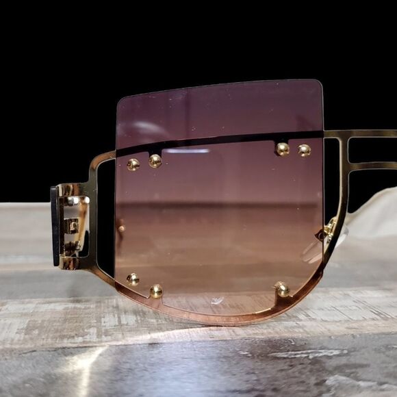 Womens Oversized Large Hexagonal Gold-Toned Brown Tinted Sunglasses